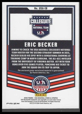 PANINI 2026 STARS & STRIPES ERIC BECKER GAME-WORN PRIZM #USA-EB COLLEGIATE USA