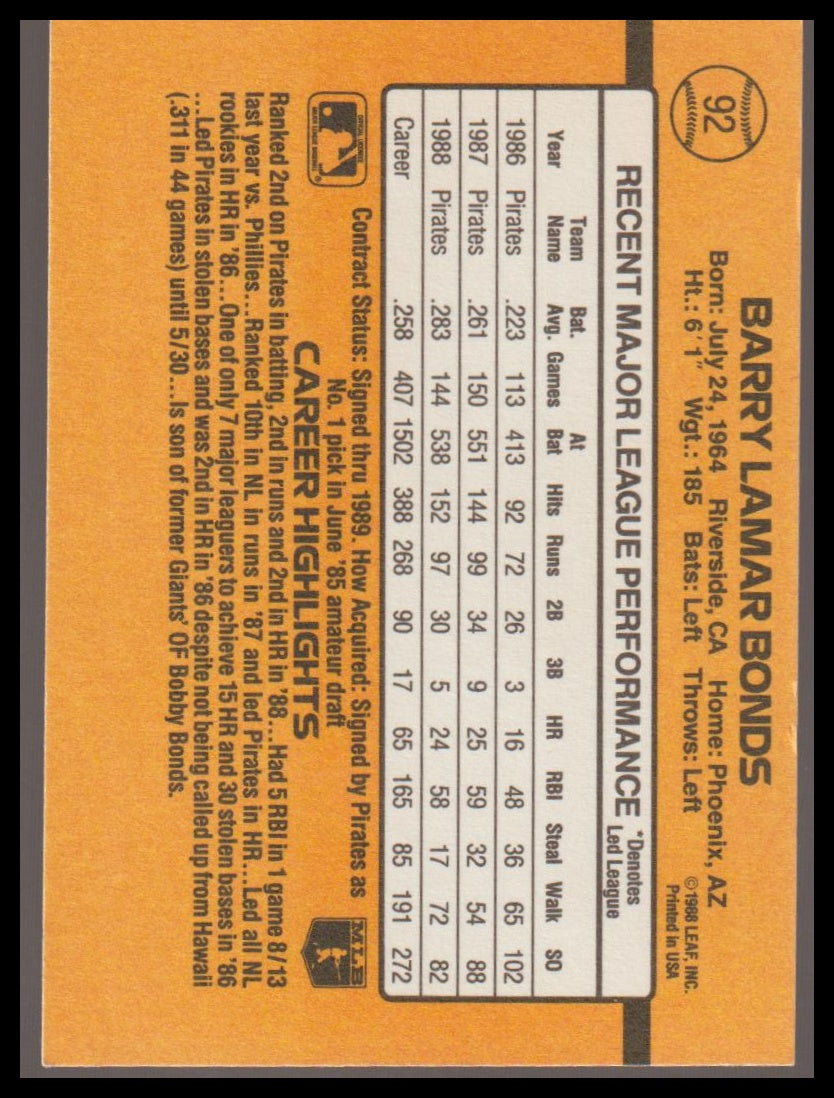 1989 Donruss #92c Barry Bonds