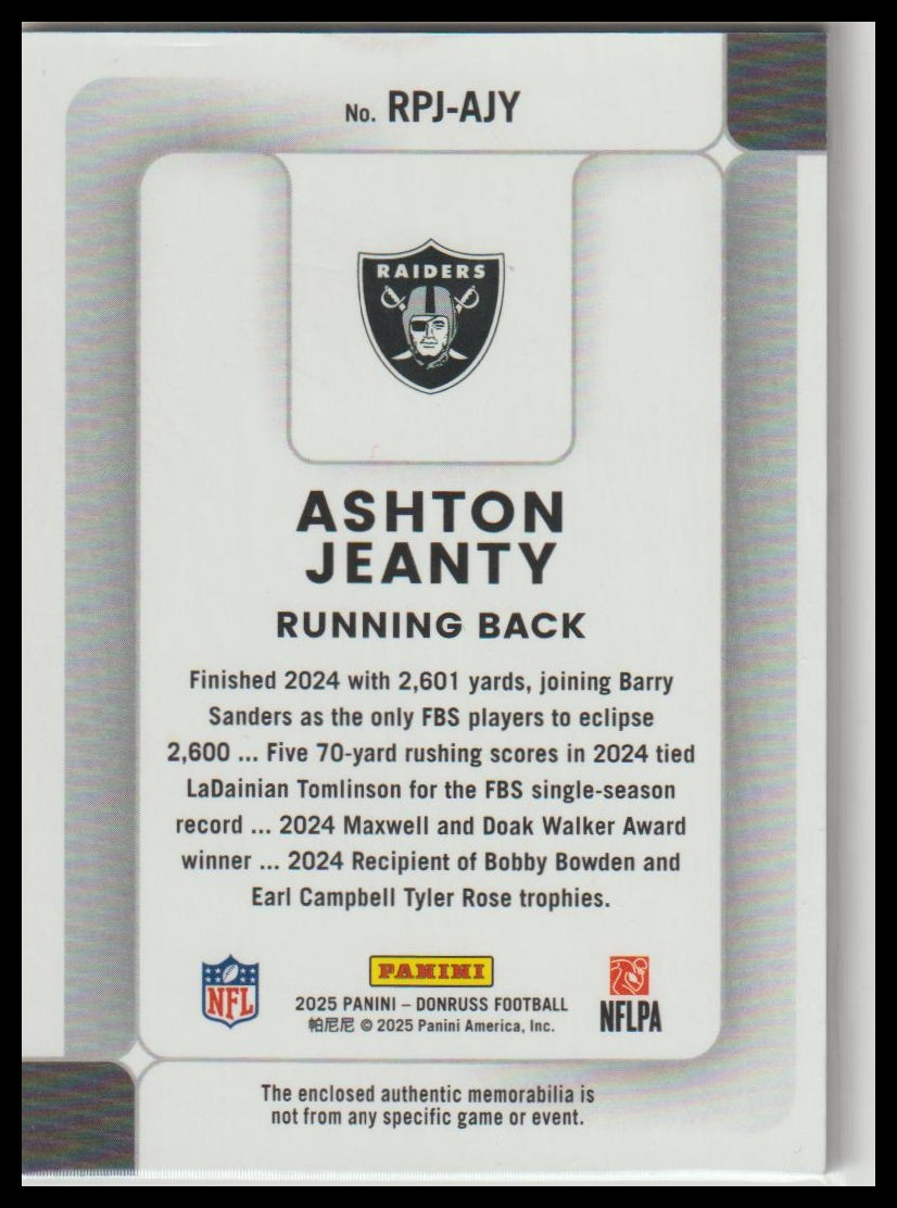 2025 Donruss #RPJ-AJY Ashton Jeanty Rookie Phenom Jerseys