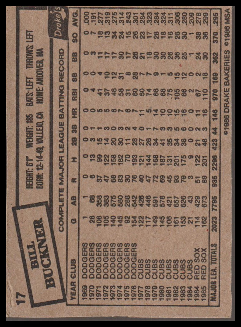 1986 Drake's Big Hitters #17 Bill Buckner