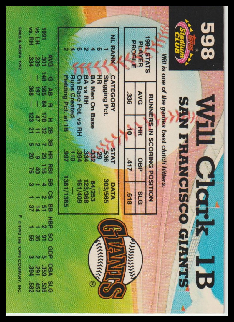 1992 Stadium Club #598 Will Clark