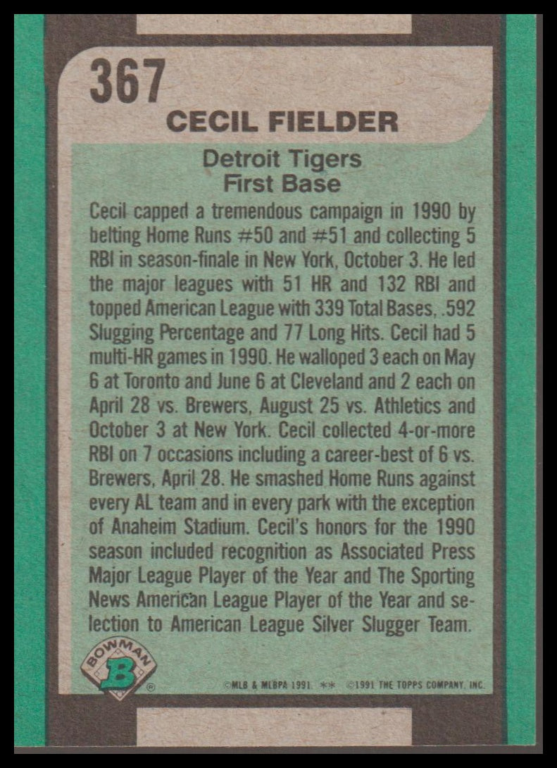 1991 Bowman #367 Cecil Fielder