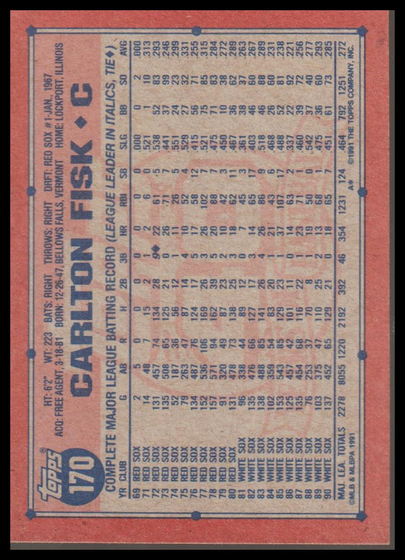 1991 Topps #170b Carlton Fisk : A*B* on copyright line
