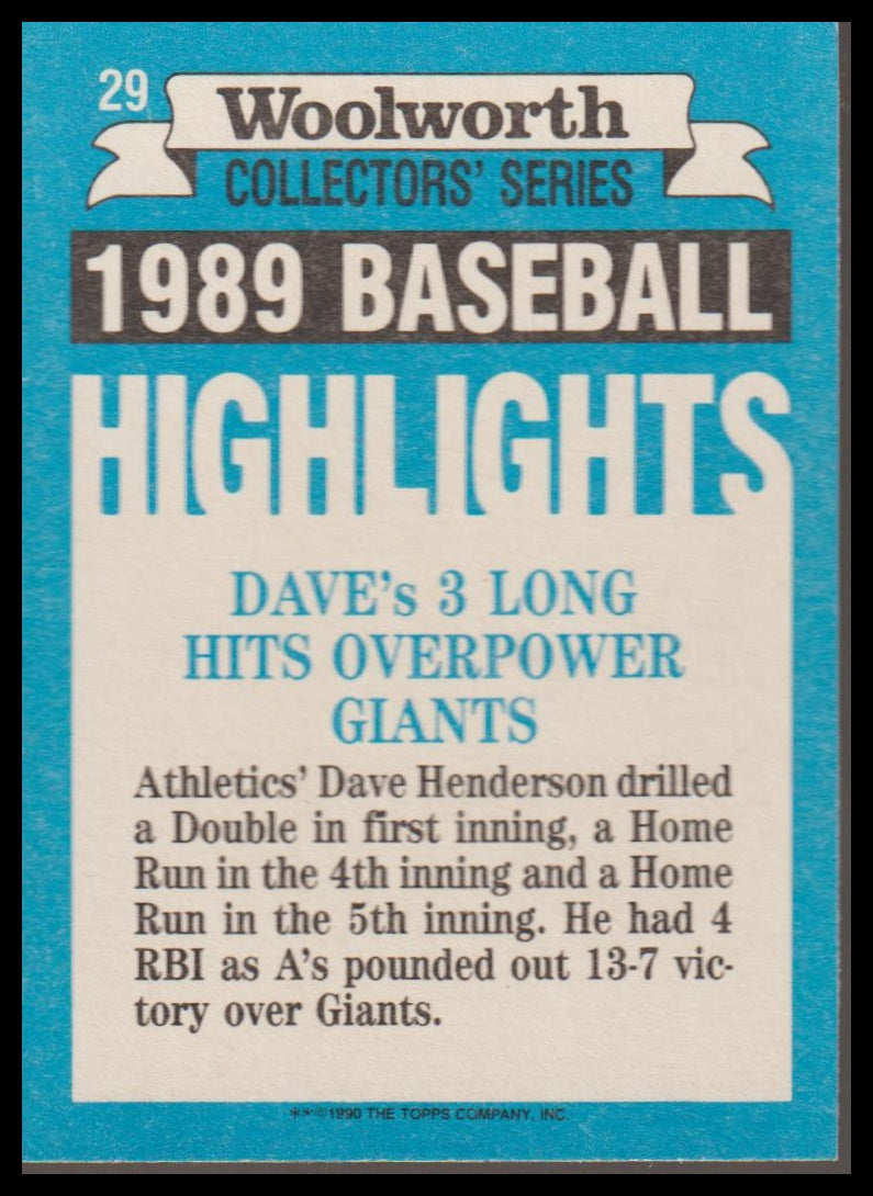 1990 Topps Woolworth Baseball Highlights #29 Dave Henderson