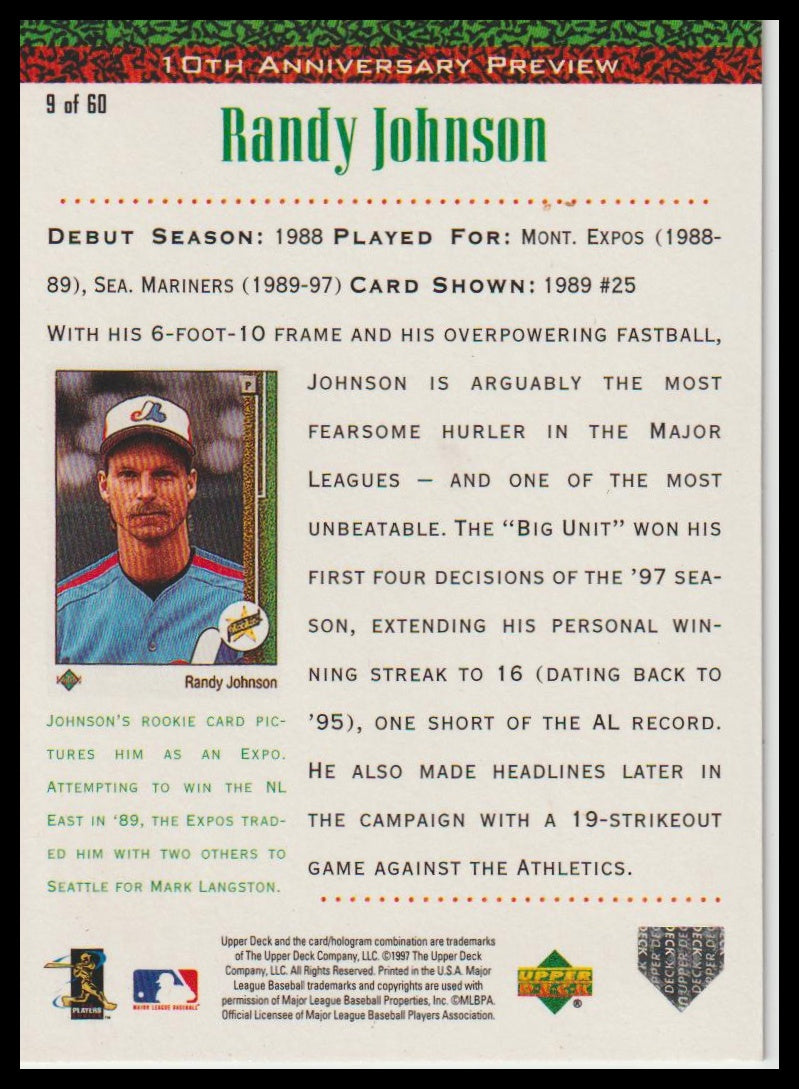 1998 Upper Deck #9 Randy Johnson 10th Anniversary Preview