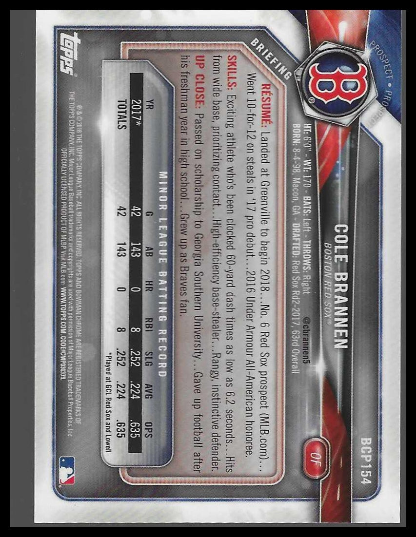 2018 Bowman Chrome #BCP154 Cole Brannen Purple Shimmer Refractor #/655