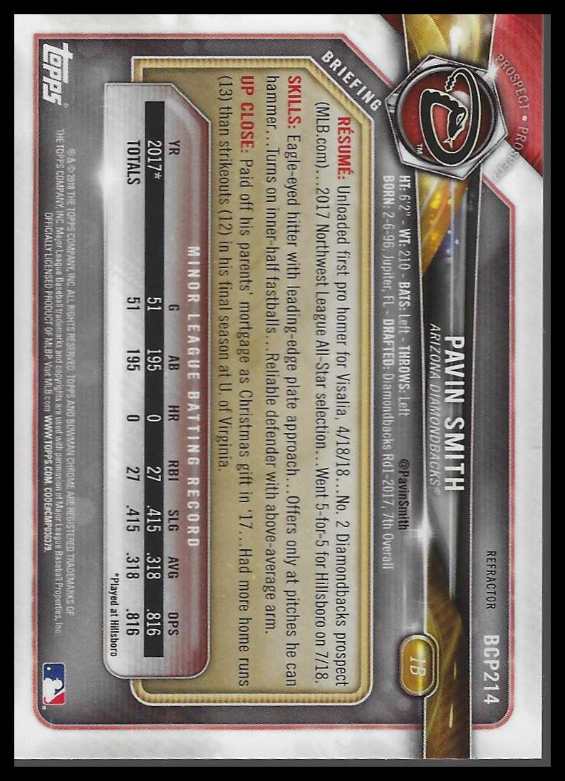 2018 Bowman Chrome #BCP214 Pavin Smith Prospects
