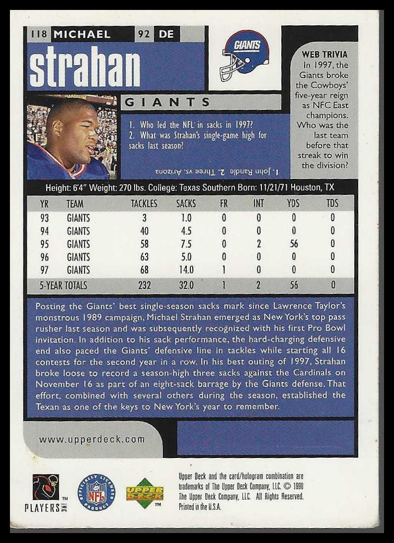 1998 UD Choice #118 Michael Strahan