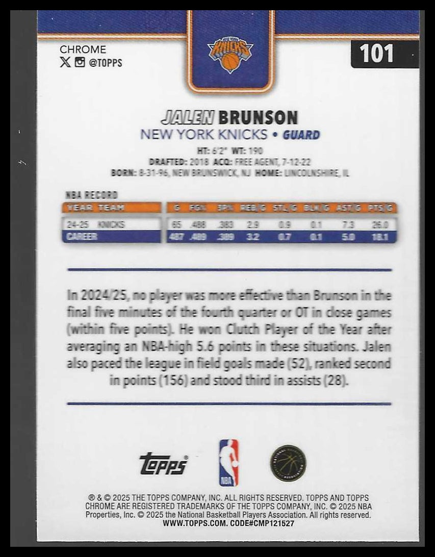 2025-26 Topps Chrome #101 Jalen Brunson