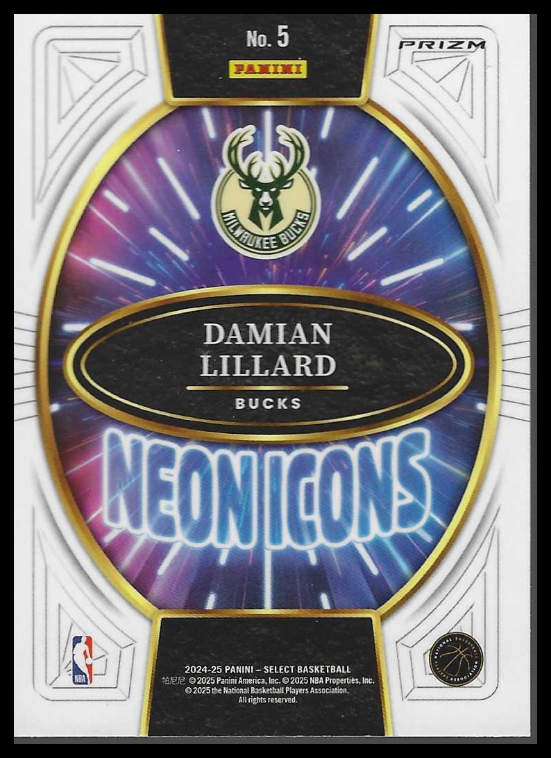 2024-25 Panini Select #5 Damian Lillard Neon Icons Silver Prizms