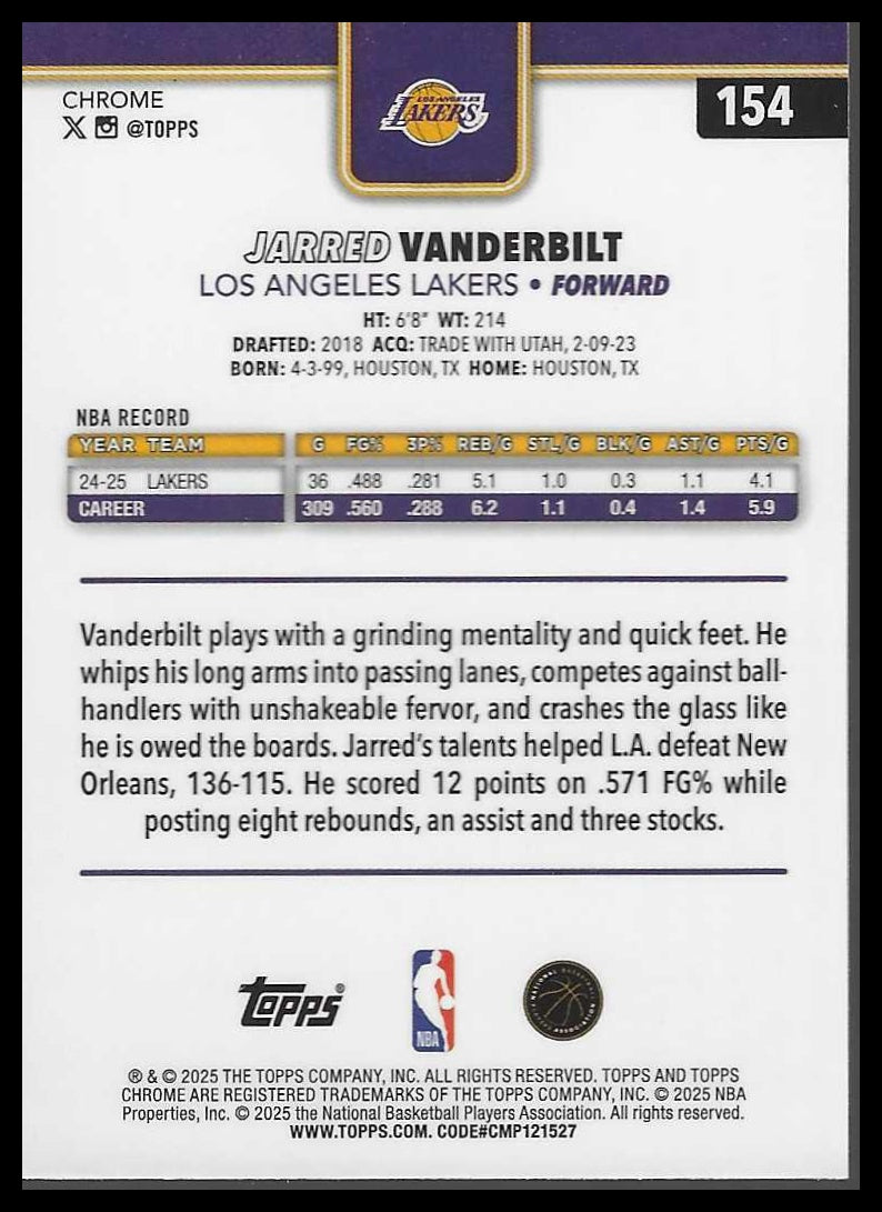 2025-26 Topps Chrome #154 Jarred Vanderbilt