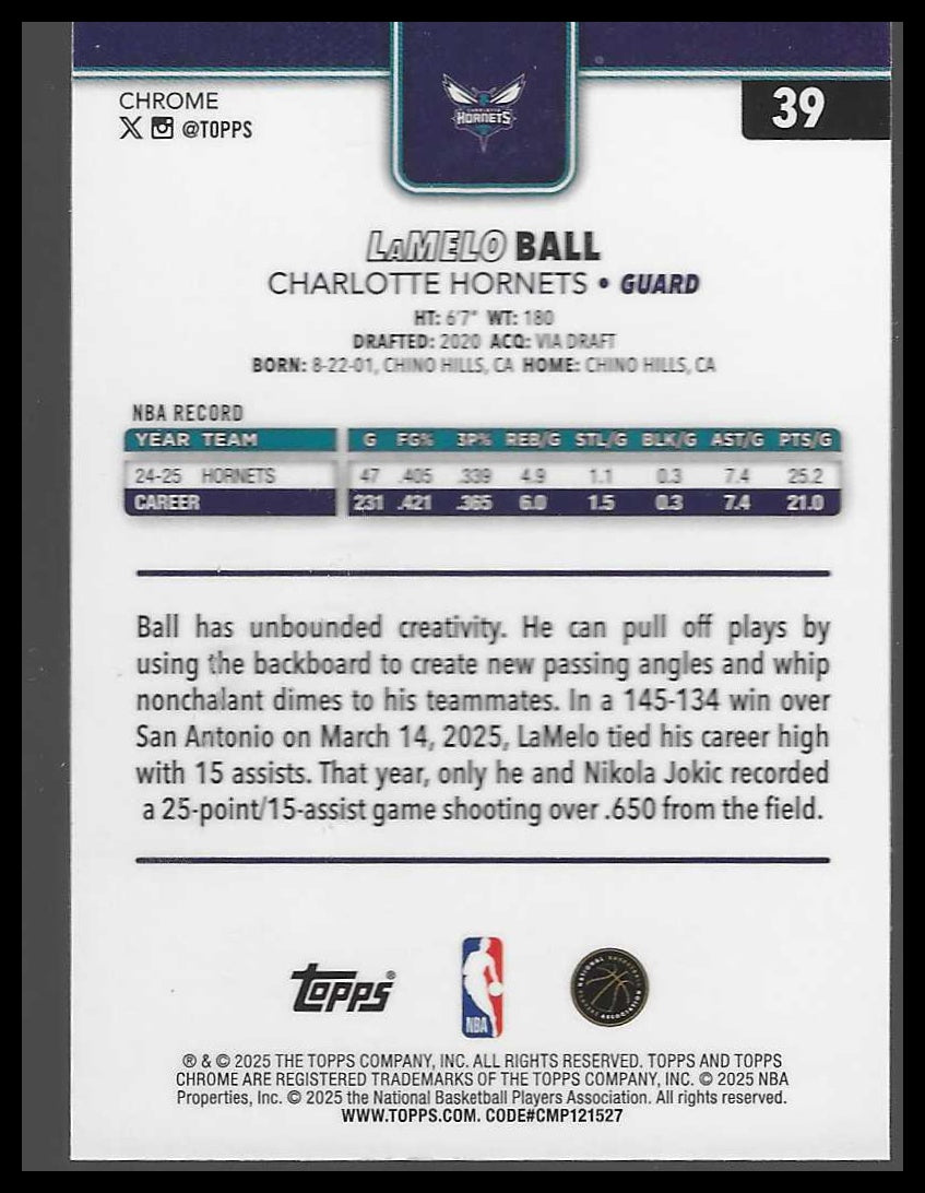 2025-26 Topps Chrome #39 LaMelo Ball