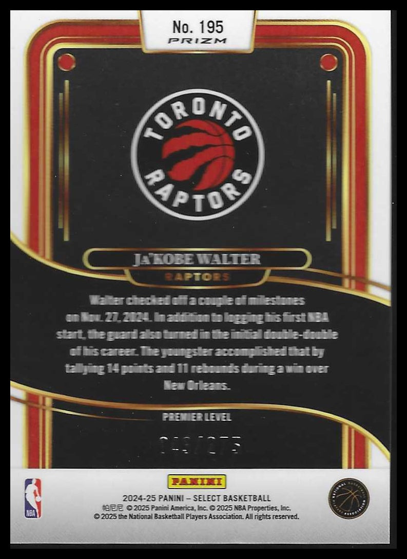 2024-25 Panini Select #195 Ja'Kobe Walter Orange Cracked Ice Prizm #/275