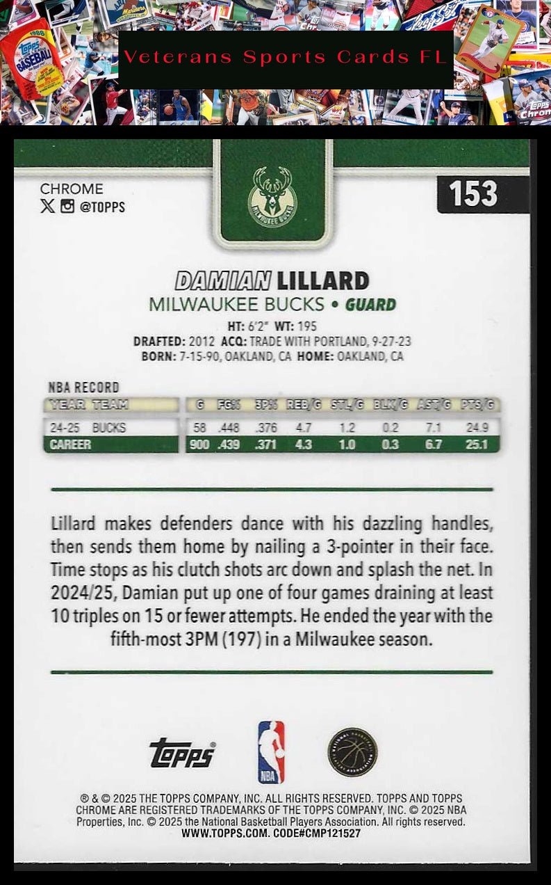 2025-26 Topps Chrome #153 Damian Lillard Red White and Blue Refractor