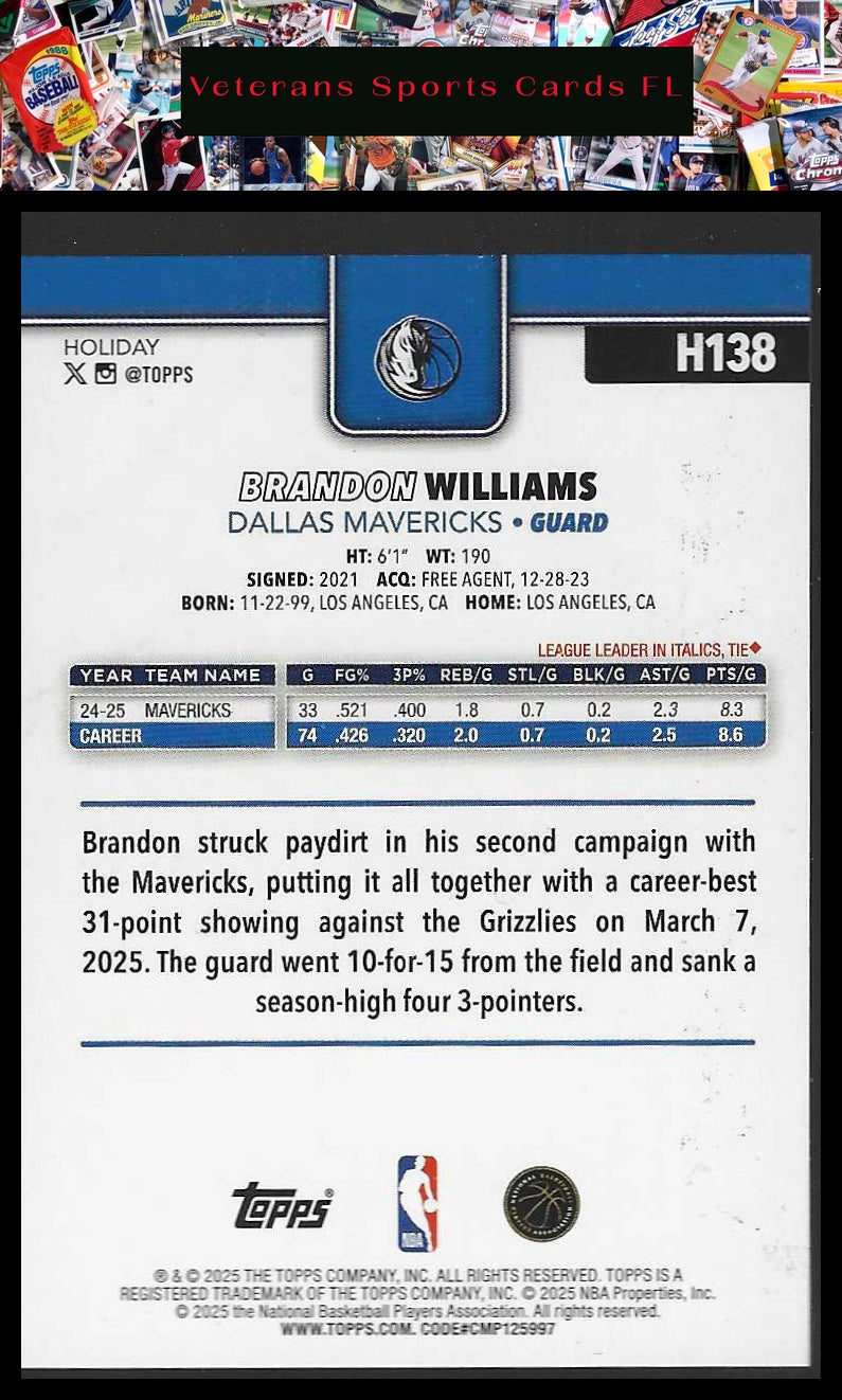 2025-26 Topps Holiday #H138 Brandon Williams Blue Metallic Glitter Holiday