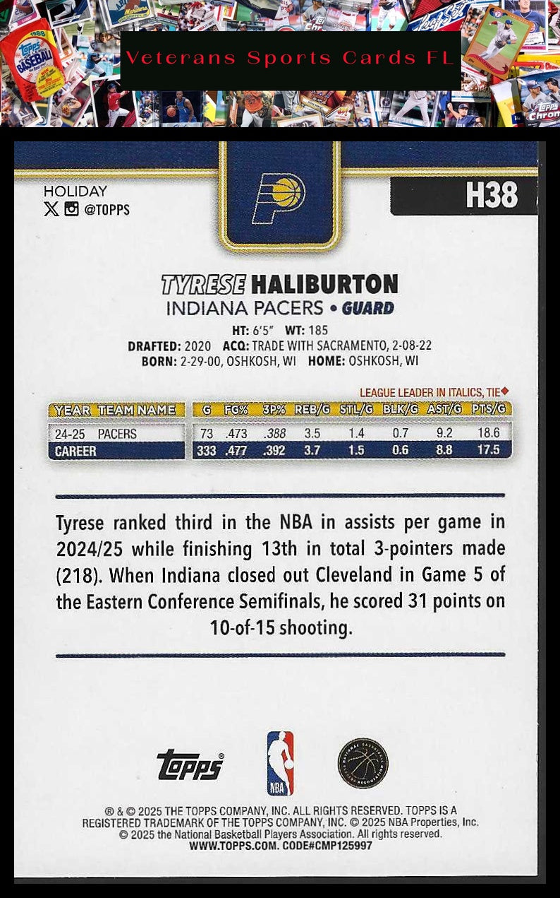2025-26 Topps Holiday #H38 Tyrese Haliburton LT Blue and White Glitter Holiday