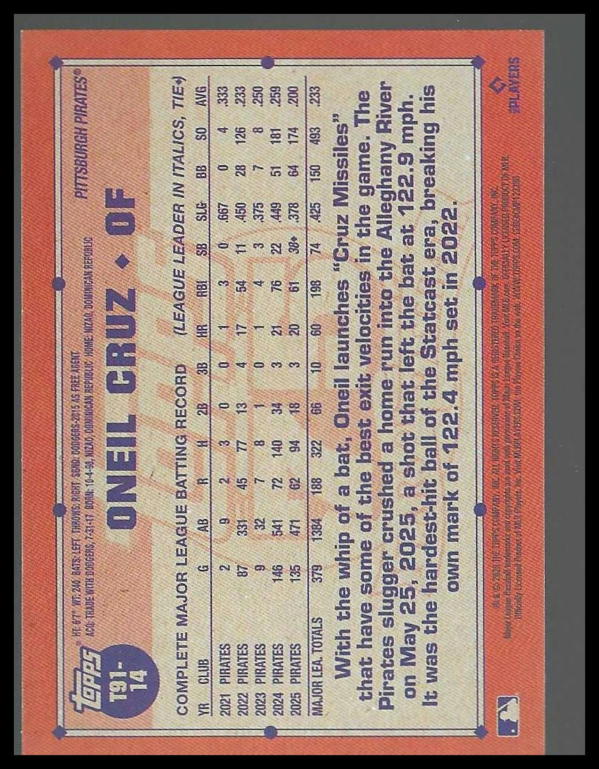 2026 Topps #T91-14 Oneil Cruz 1991 Topps Baseball 35th Anniversary Pitt Pirates