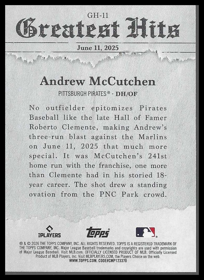 2026 Topps #GH-11 Andrew McCutchen 2025 Greatest Hits Pittsburgh Pirates