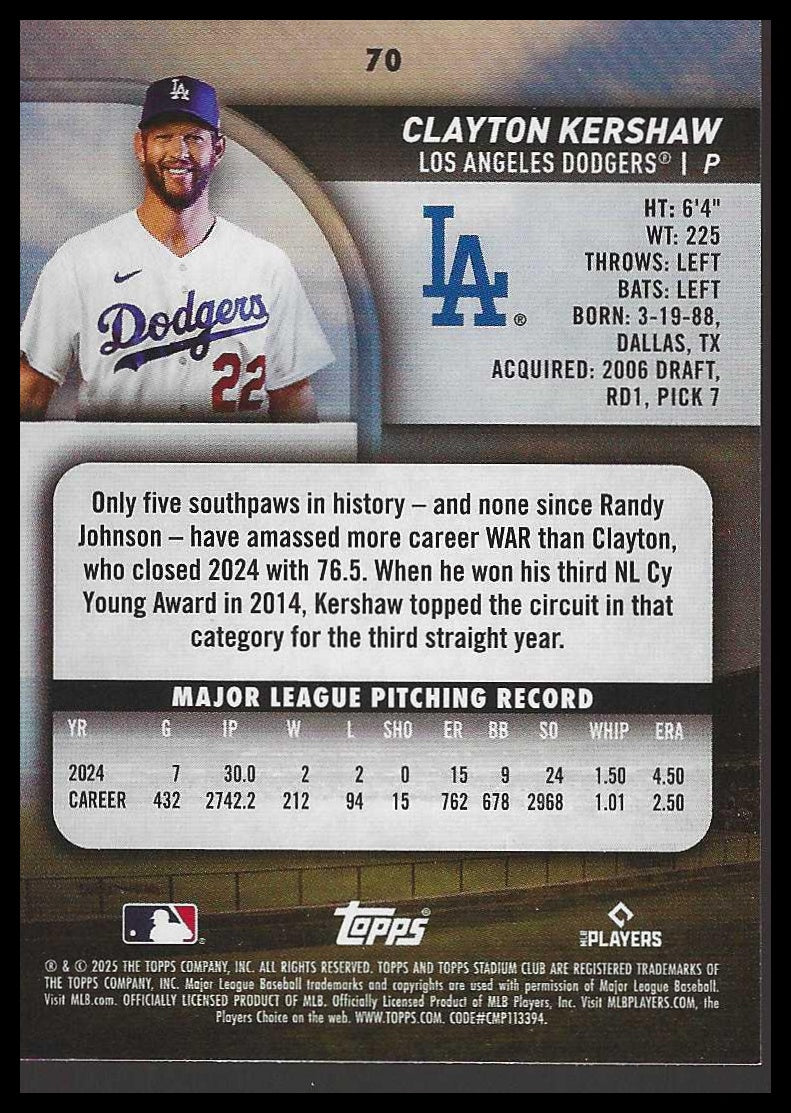 2025 Stadium Club #70 Clayton Kershaw Los Angeles Dodgers