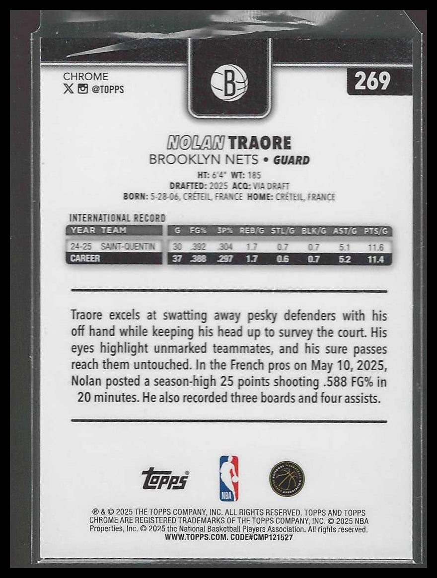 2025-26 Topps Chrome #269 Nolan Traore Brooklyn Nets Rookie
