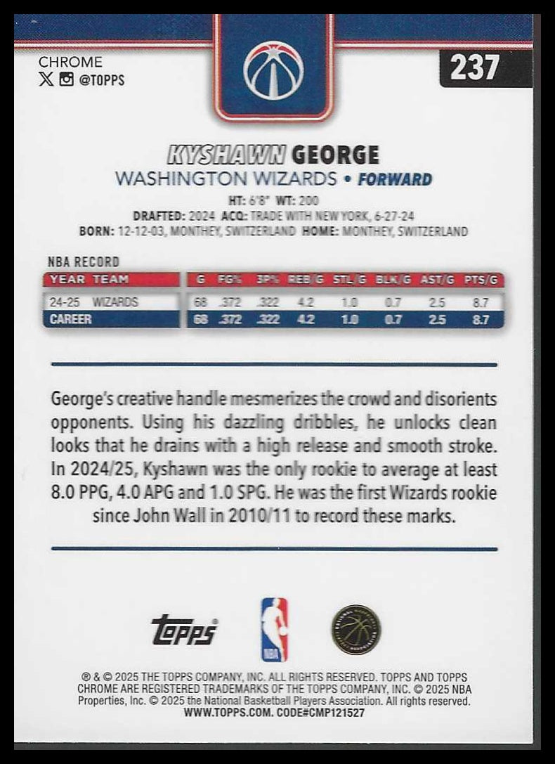 2025-26 Topps Chrome #237 Kyshawn George Washington Wizards