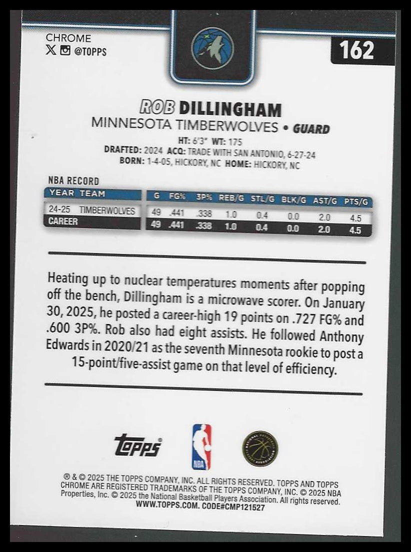 2025-26 Topps Chrome #162 Rob Dillingham Minnesota Timberwolves