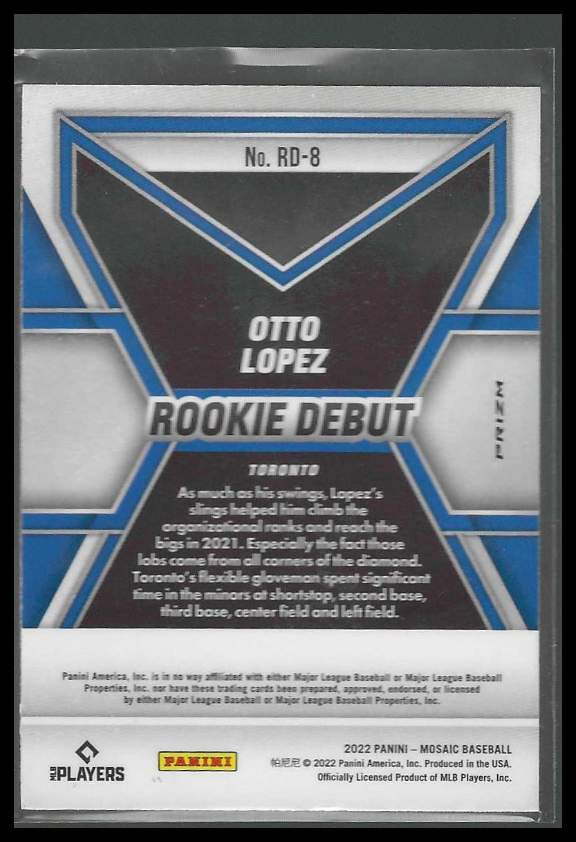 2022 Panini Mosaic #RD-8 Otto Lopez Rookie Debut Green Mosaic Toronto Blue Jays