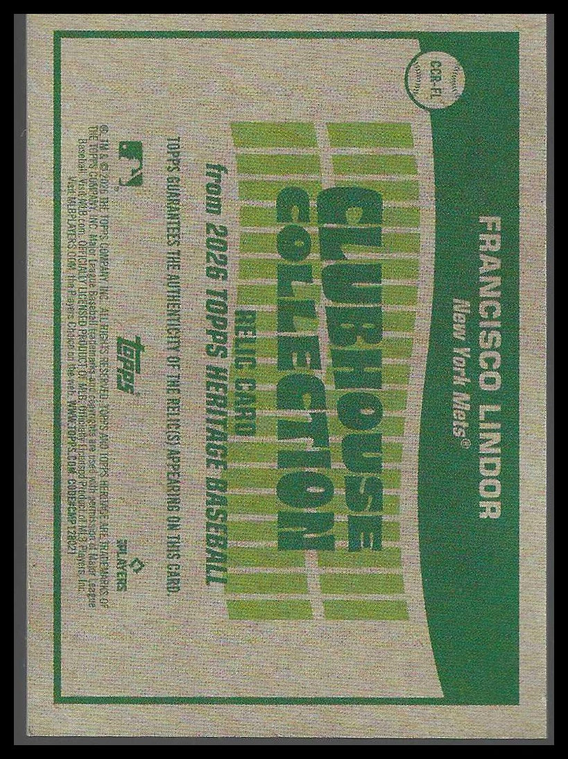2026 Topps Heritage #CCR-FL Francisco Lindor Clubhouse Collection Relics NY Mets