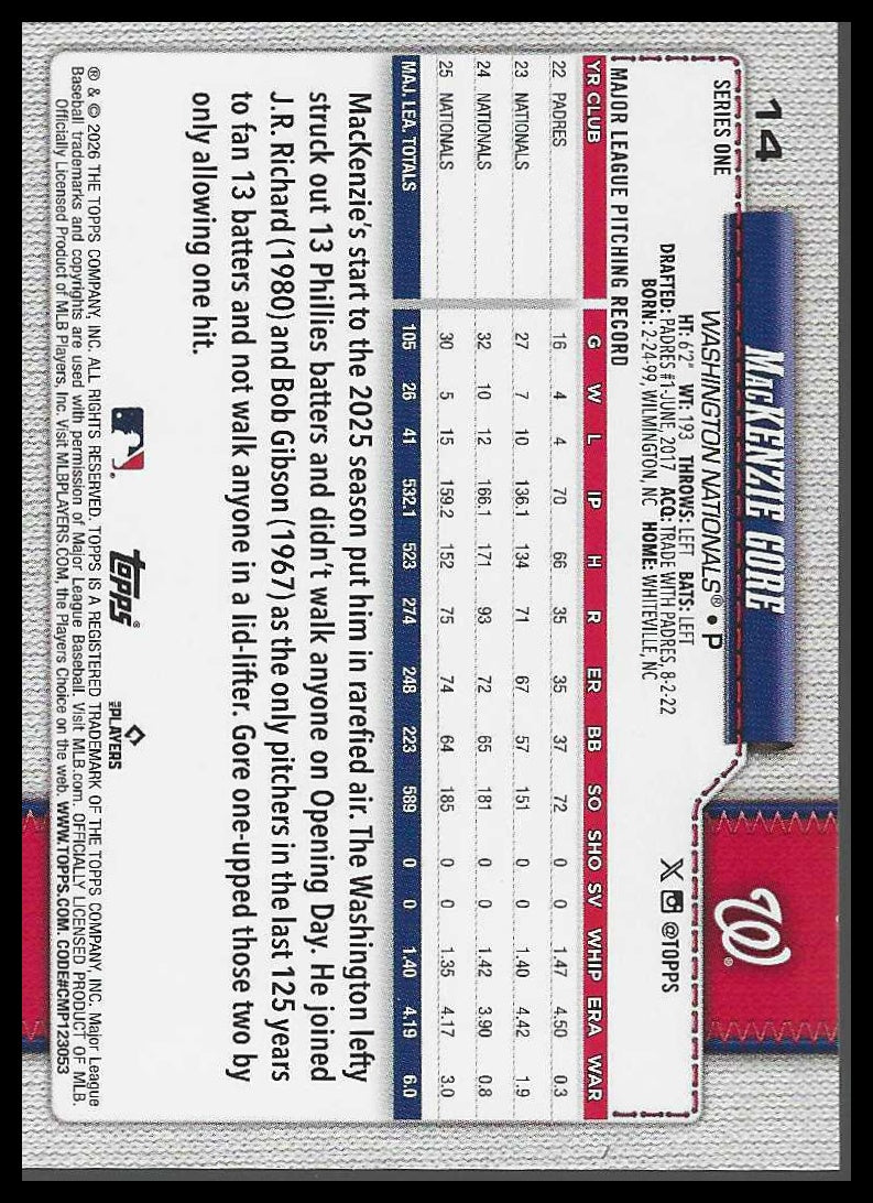 2026 Topps #14 MacKenzie Gore Spring Training Washington Nationals