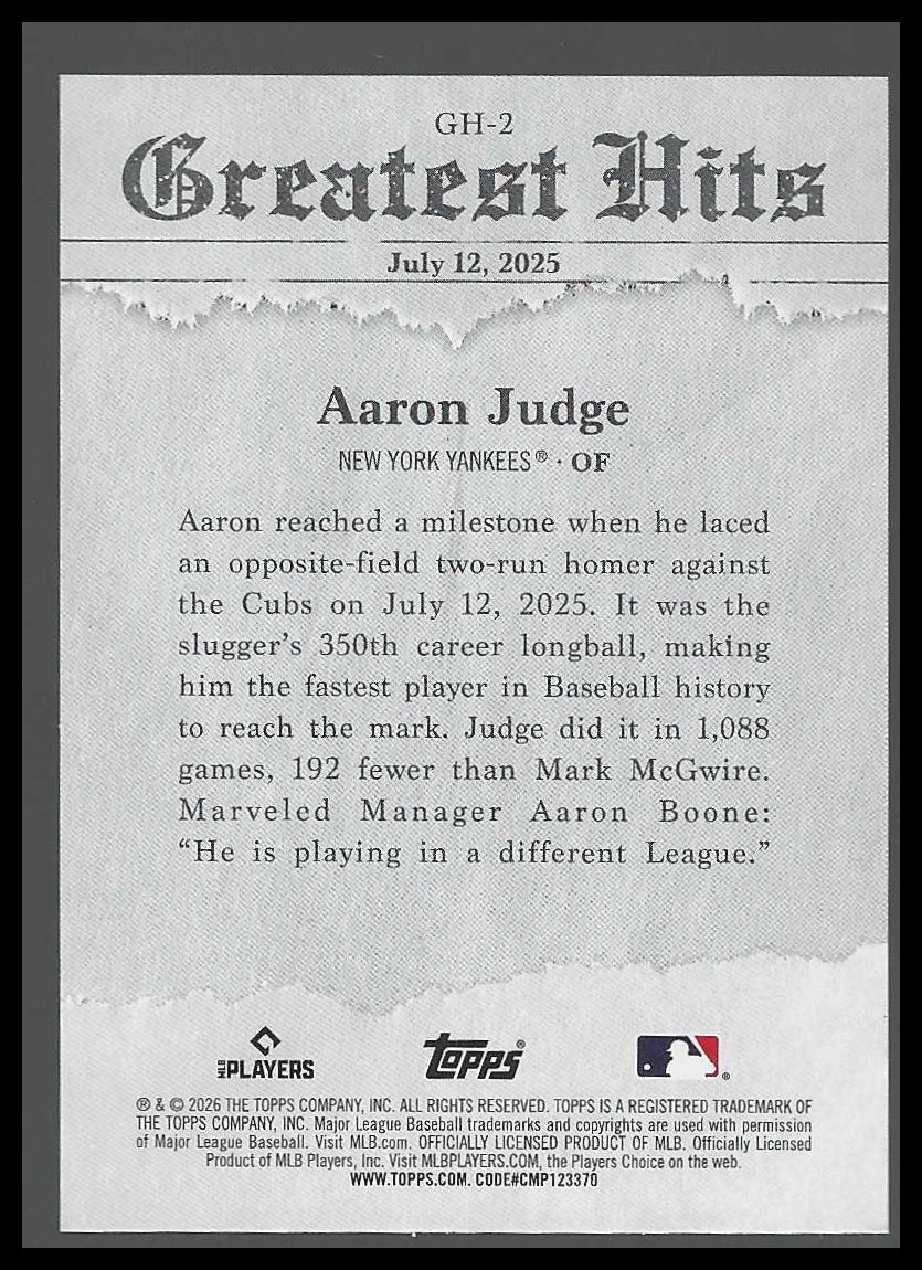 2026 Topps #GH-2 Aaron Judge 2025 Greatest Hits New York Yankees