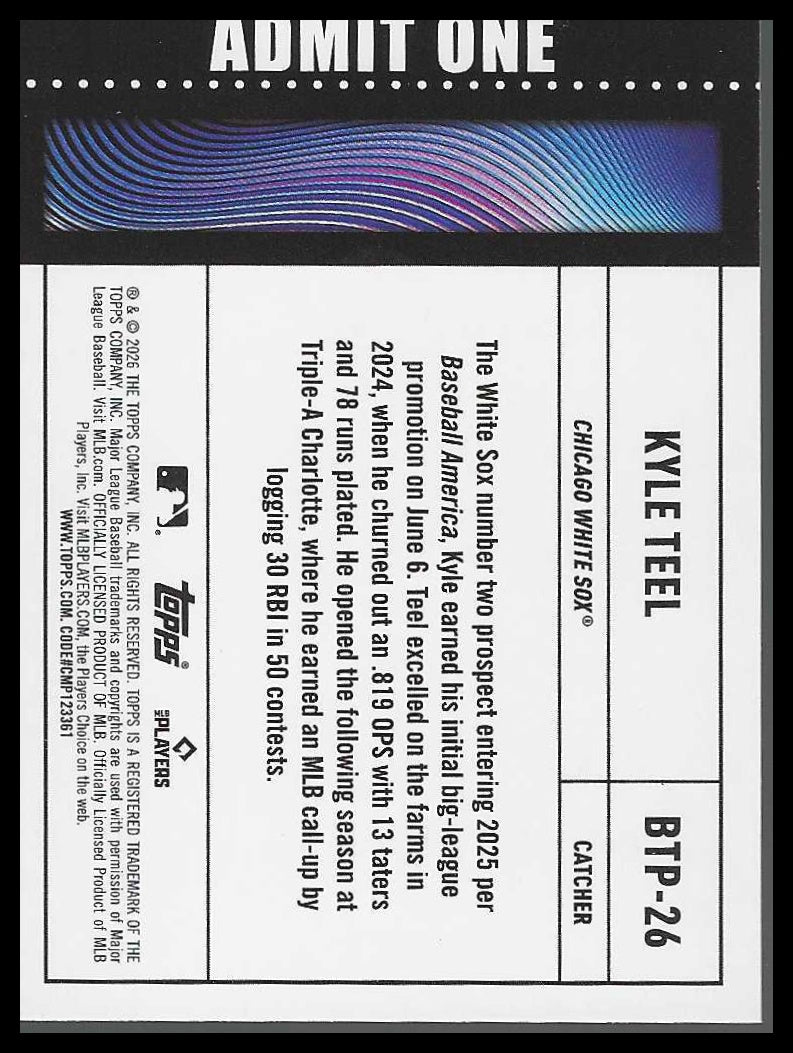 2026 Topps #BTP-26 Kyle Teel Big Ticket Players Chicago White Sox