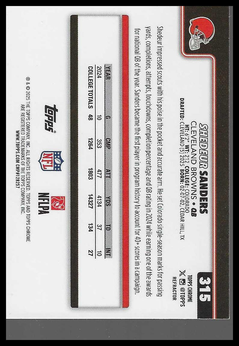 2025 Topps Chrome #315 Shedeur Sanders Topps Refractor