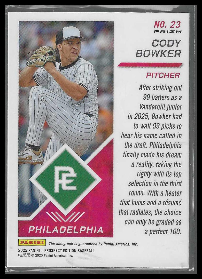 2025 Panini Prospect Edition #23 Cody Bowker Holo Prospect Ticket Green Auto