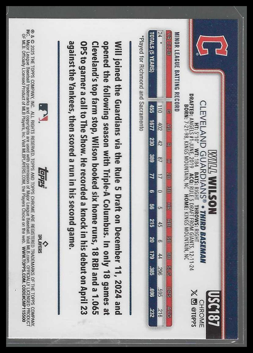 2025 Topps Chrome Update #USC187 Will Wilson Sepia Refractors Cleveland RC