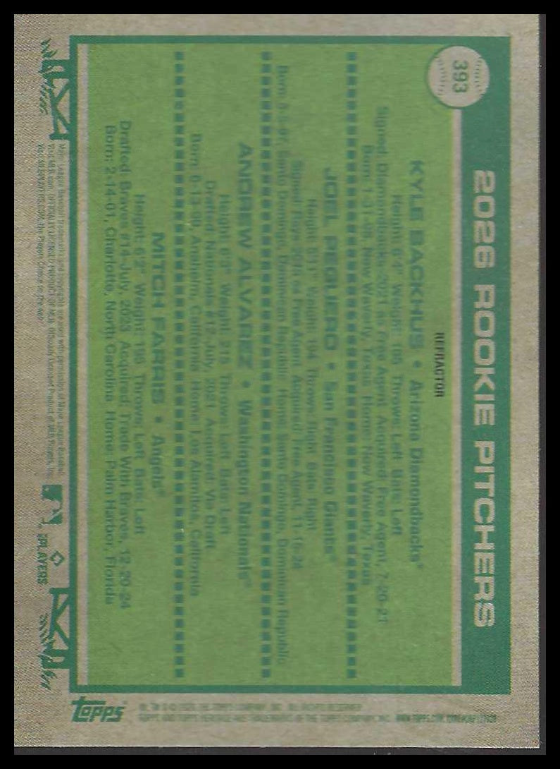 2026 Topps Heritage 393 Rookie Pitchers Backhus/Peguero/Alvarez/Farris Refractor
