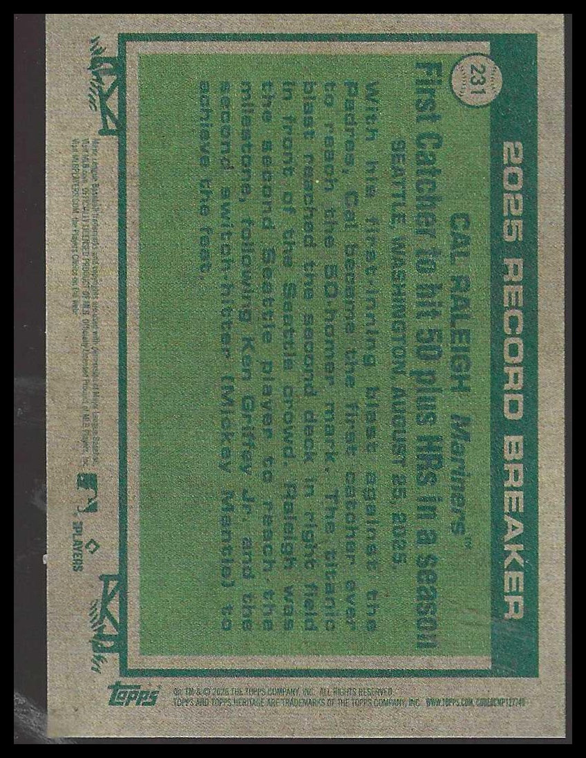 2026 Topps Heritage #231 Cal Raleigh Seattle Mariners