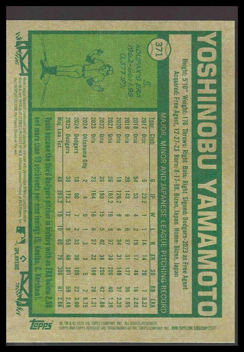 2026 Topps Heritage #371 Yoshinobu Yamamoto Los Angeles Dodgers