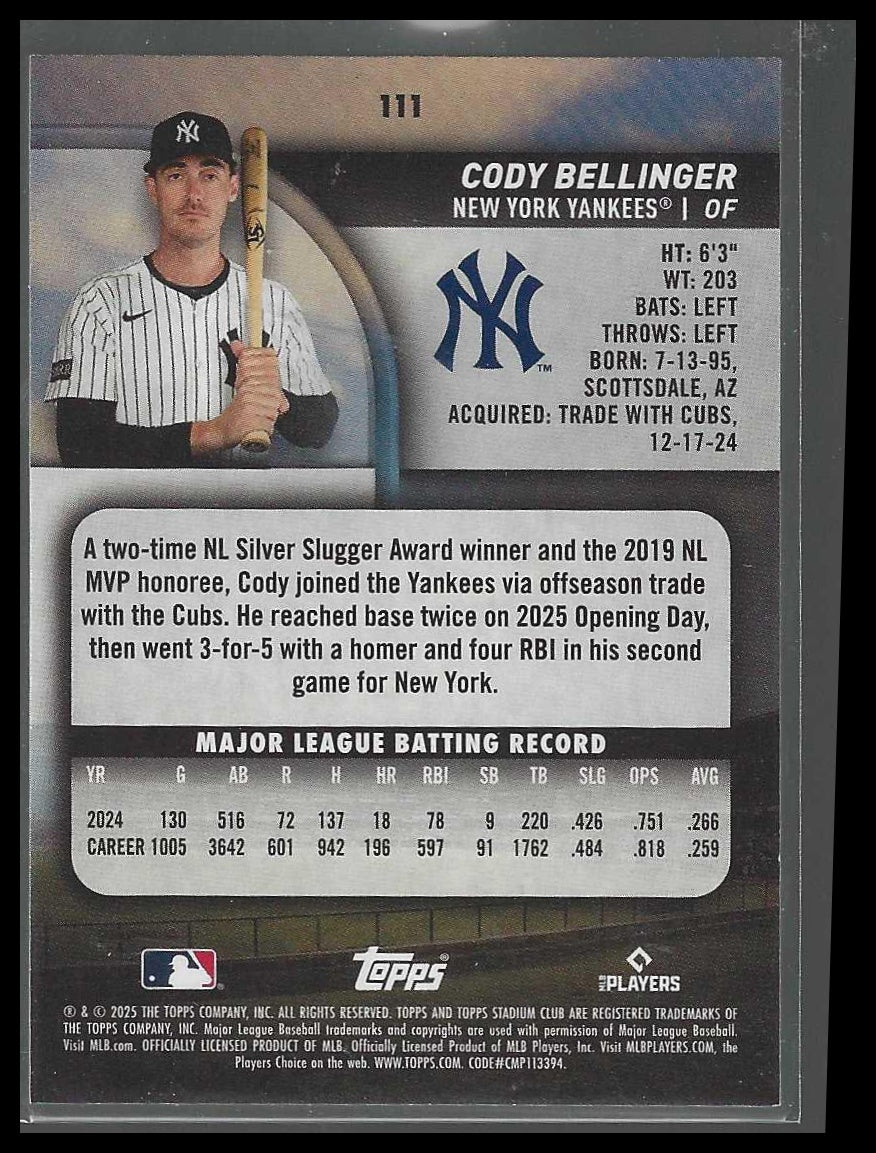 2025 Stadium Club #111 Cody Bellinger Pink Foil New York Yankees