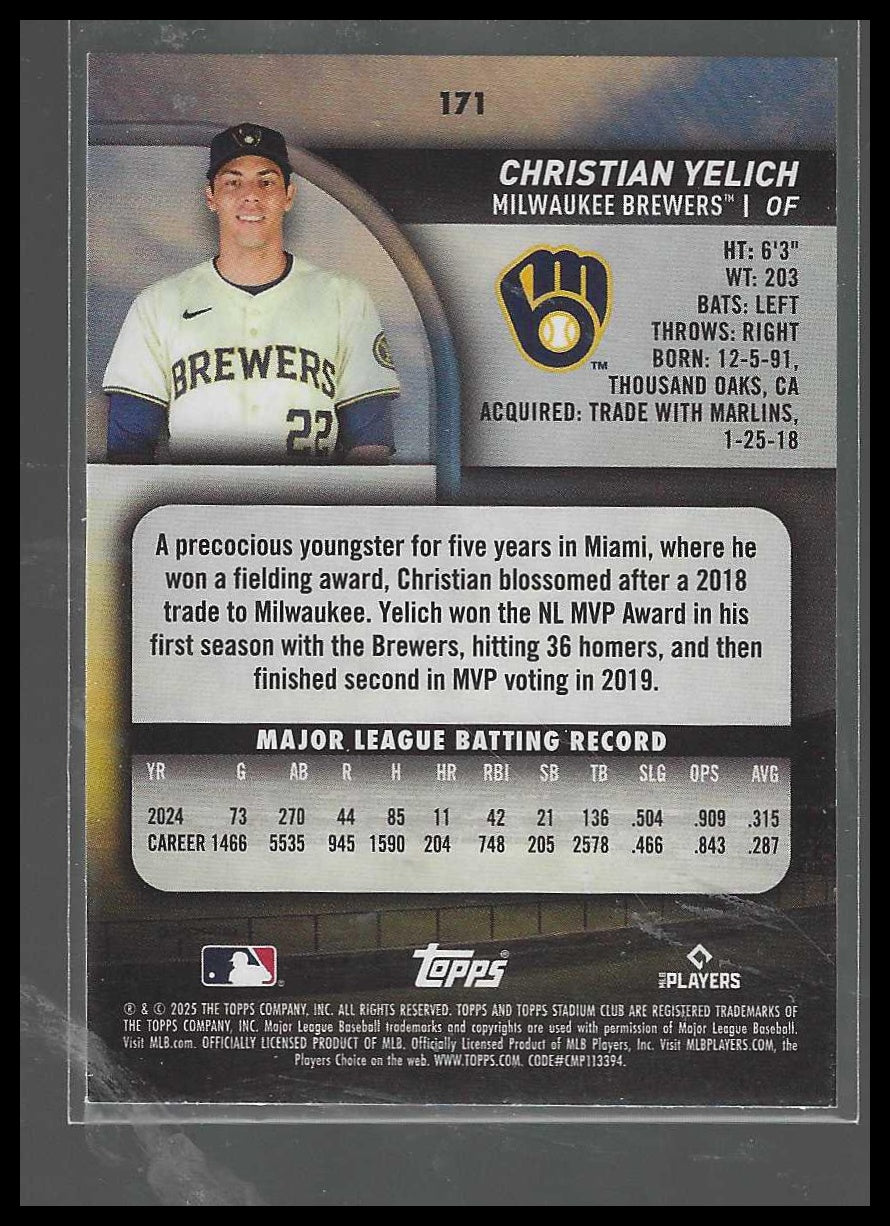 2025 Stadium Club #171 Christian Yelich Milwaukee Brewers