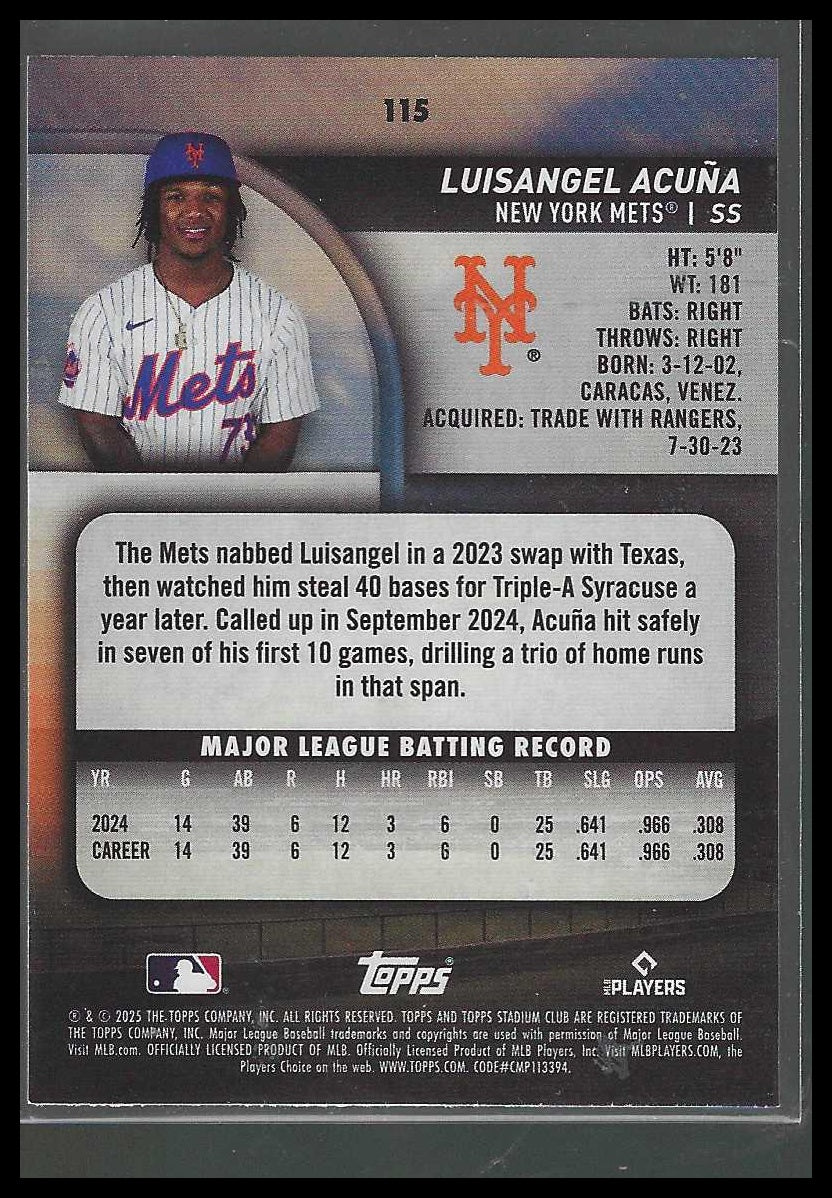 2025 Stadium Club #115 Luisangel Acuña Lime Green New York Mets Rookie