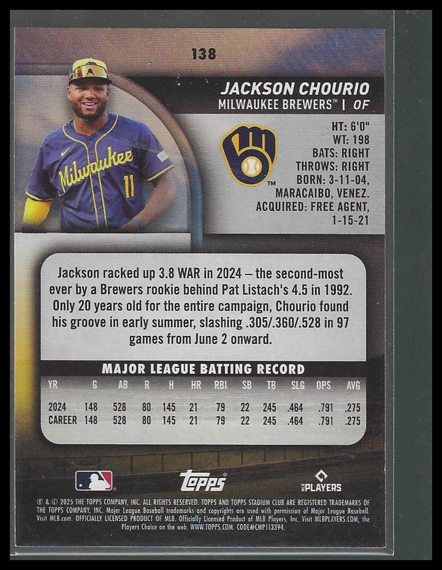 2025 Stadium Club #138 Jackson Chourio Lime Green Milwaukee Brewers