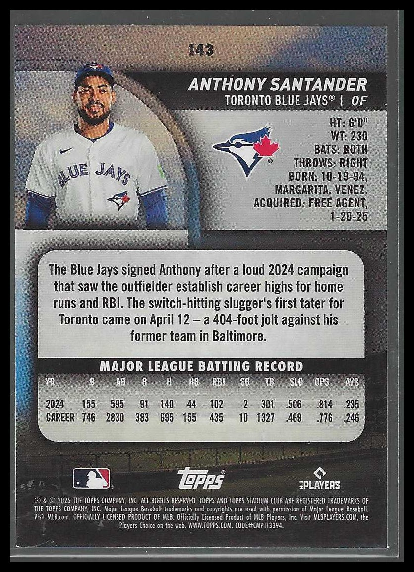 2025 Stadium Club #143 Anthony Santander Lime Green Toronto Blue Jays