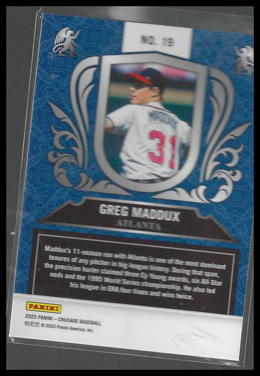 2025 Panini Crusade #19 Greg Maddux Crusade Blue Cracked Ice Atlanta Braves