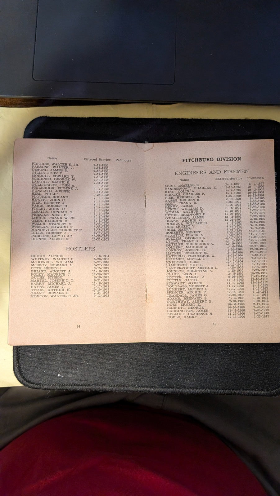 1954 Boston and Maine Railroad Roster of Engineers, Fireman, Hostlers