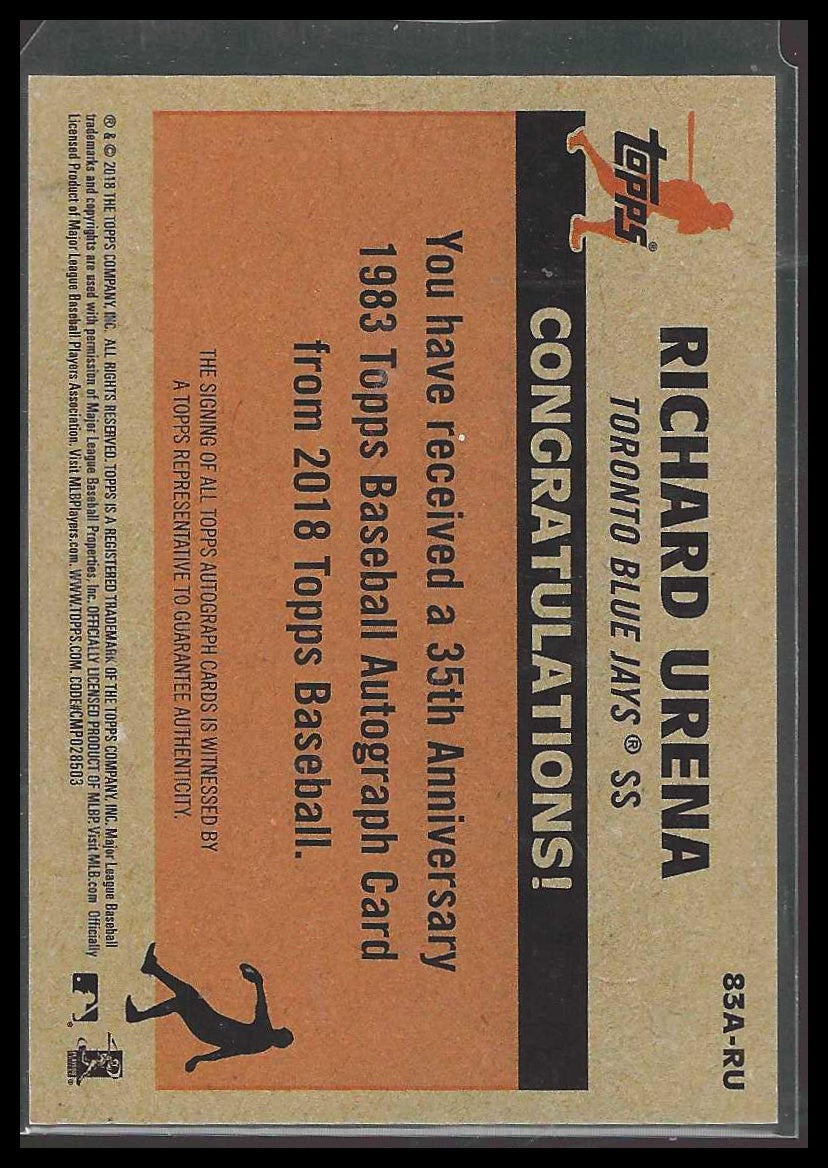 2018 Topps #83A-RU Richard Urena 1983 Topps Baseball Autographs Jays Auto