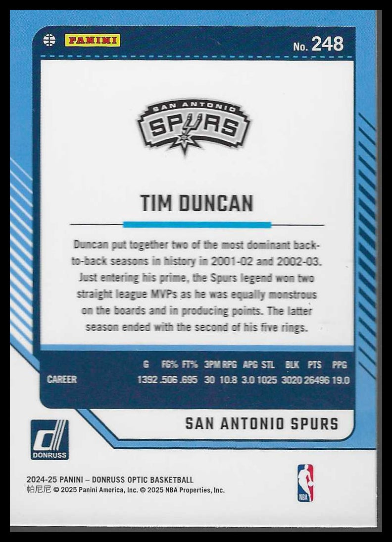 2024-25 Donruss Optic #248 Tim Duncan San Antonio Spurs