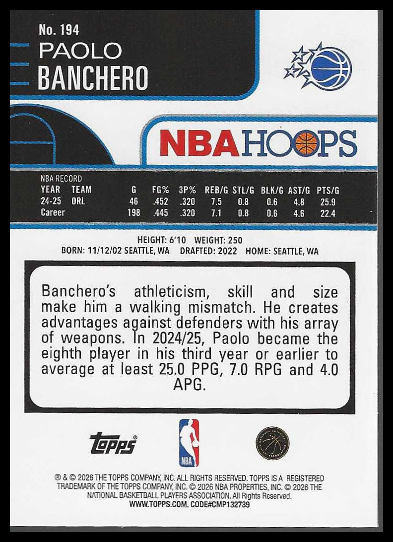 2025-26 Hoops Green Hoops #194 Paolo Banchero