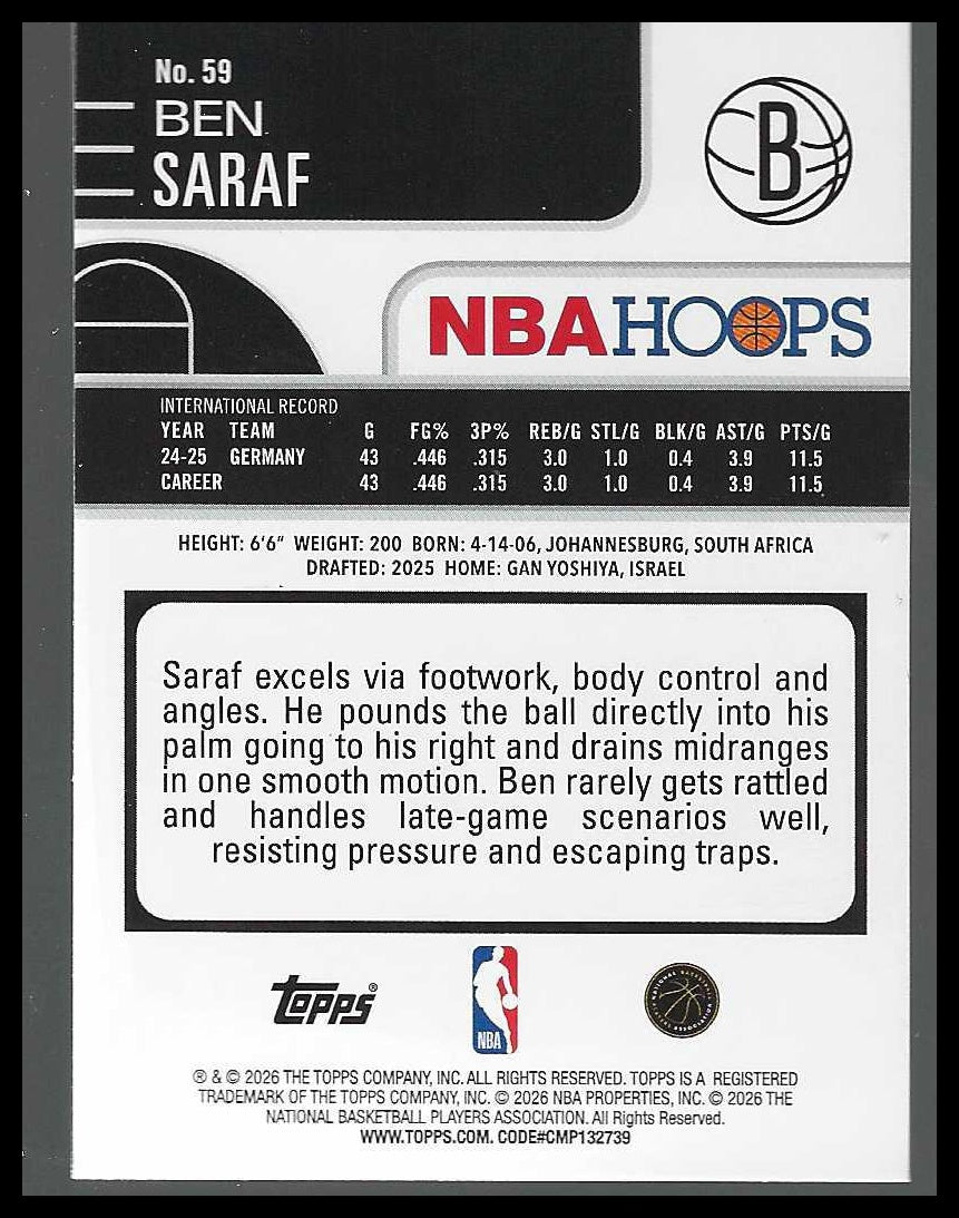 2025-26 Hoops Green Hoops #59 Ben Saraf Rookie