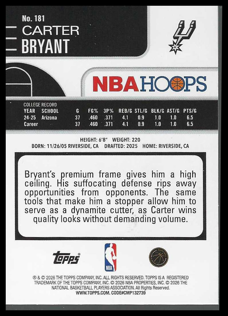 2025-26 Hoops #181 Carter Bryant Rookie