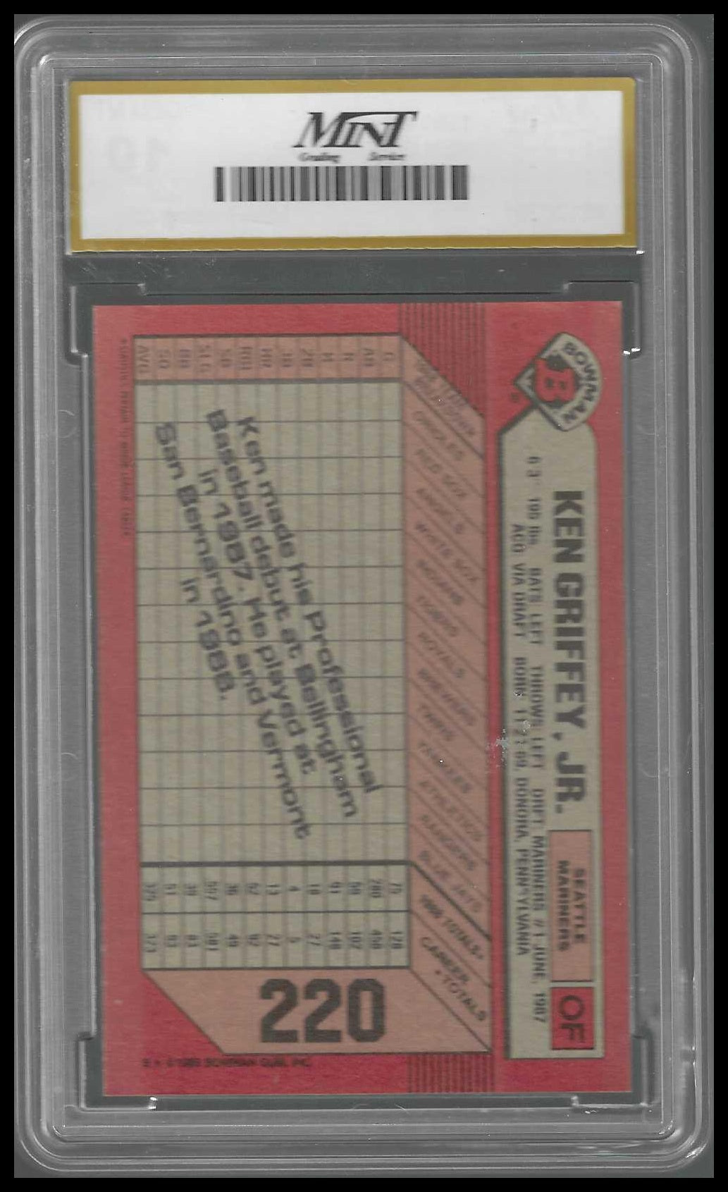 1989 Bowman #220a Ken Griffey, Jr. Rookie *ERROR* NO FRONT MINT GEM/MT 10